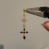Gold spike black bling cross drop earrings
